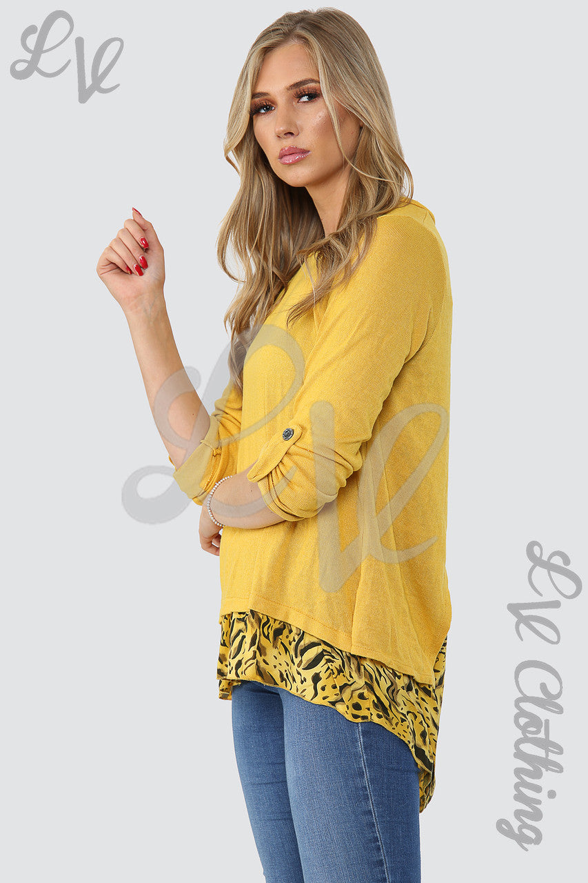 Dames top met luipaardprint (onderlaag) mosterd - Prijs WAS € 12,99 NU € 5,99
