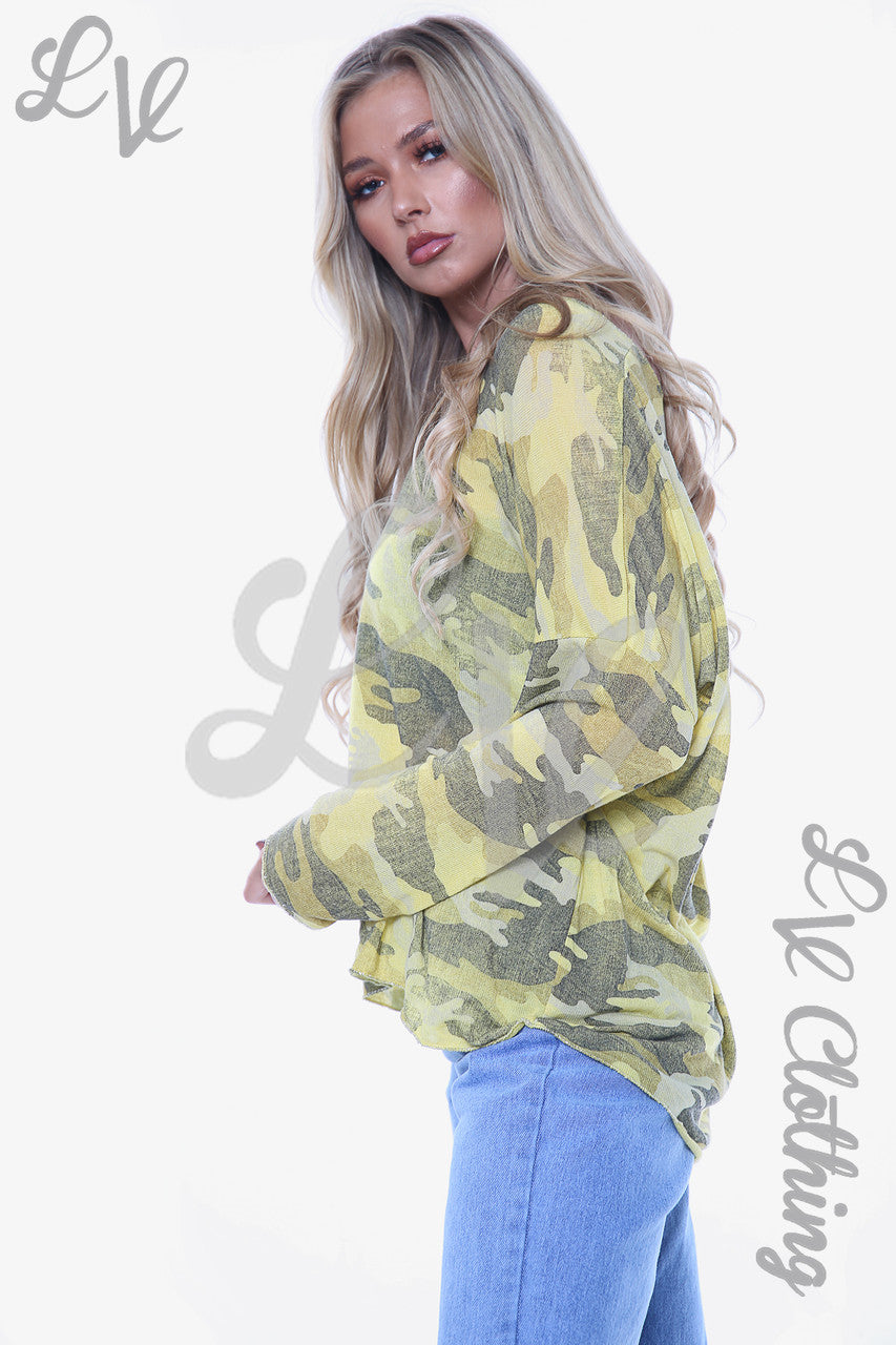 Dames Camouflageprint Top Mosterdstukprijs WAS €9,99 NU €7,49