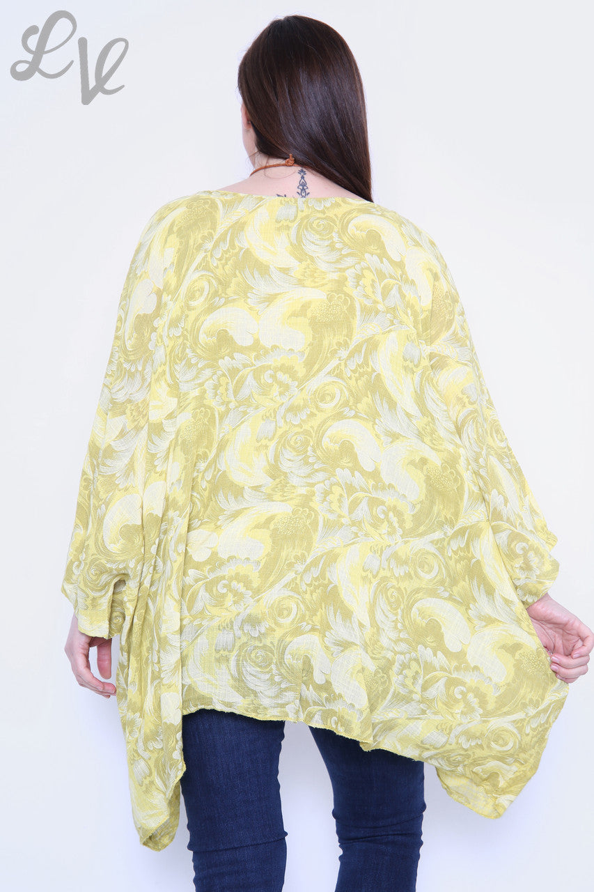 Dames Barokprint Vleermuismouw Top Mosterd Eenheidsprijs €10.99