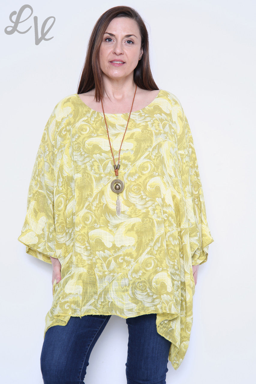 Dames Barokprint Vleermuismouw Top Mosterd Eenheidsprijs €10.99