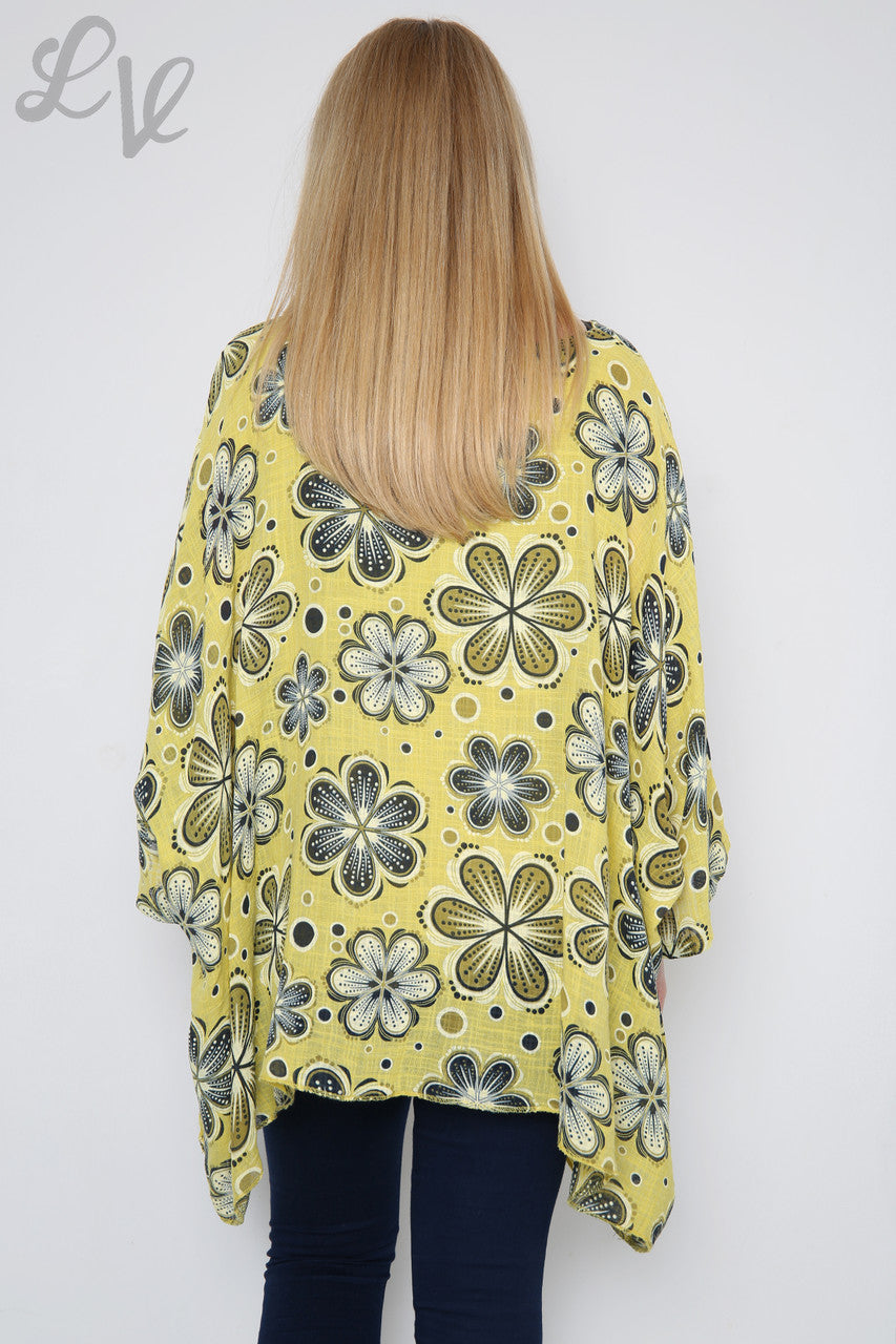 Ladies Flowers Print Batwing Top Mustard
