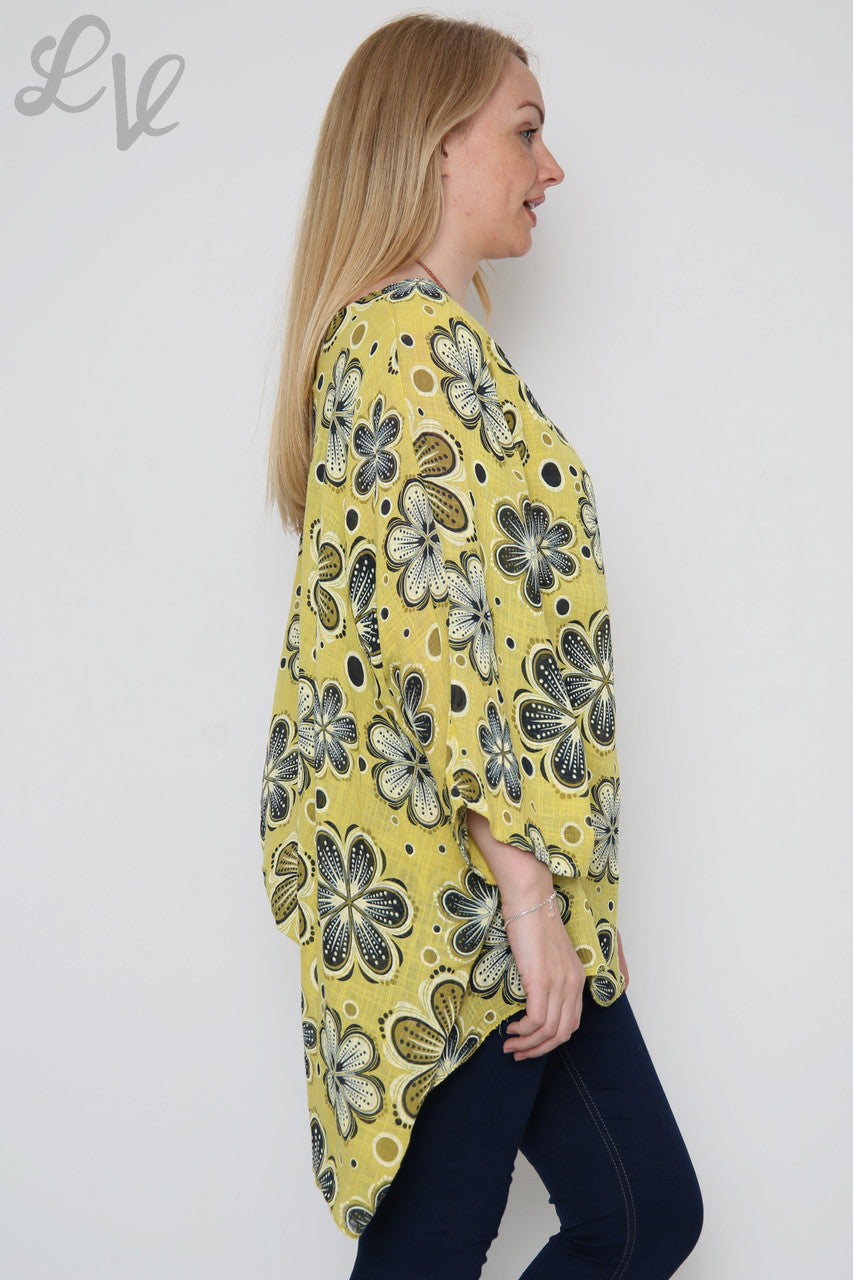 Ladies Flowers Print Batwing Top Mustard