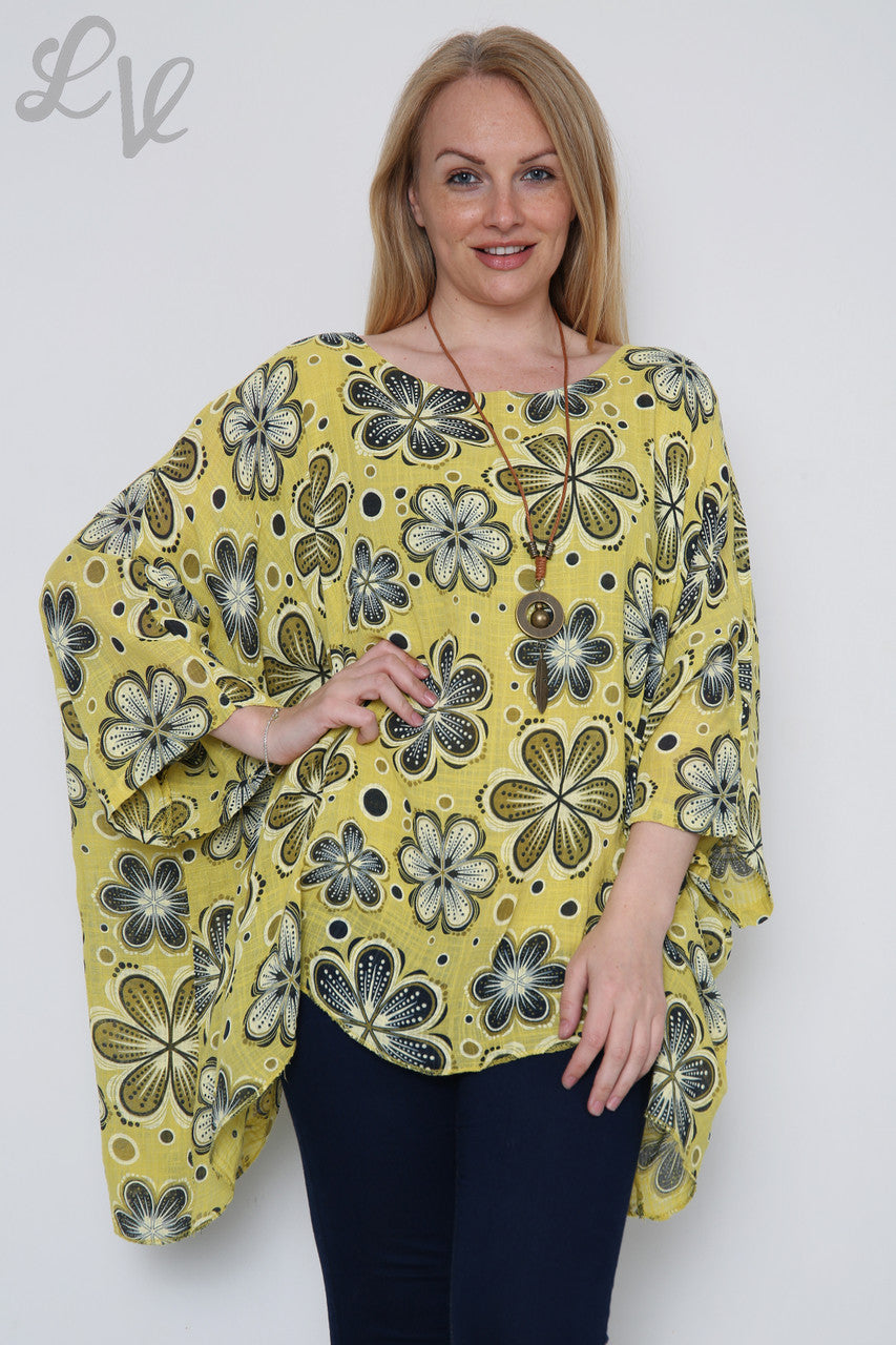 Ladies Flowers Print Batwing Top Mustard