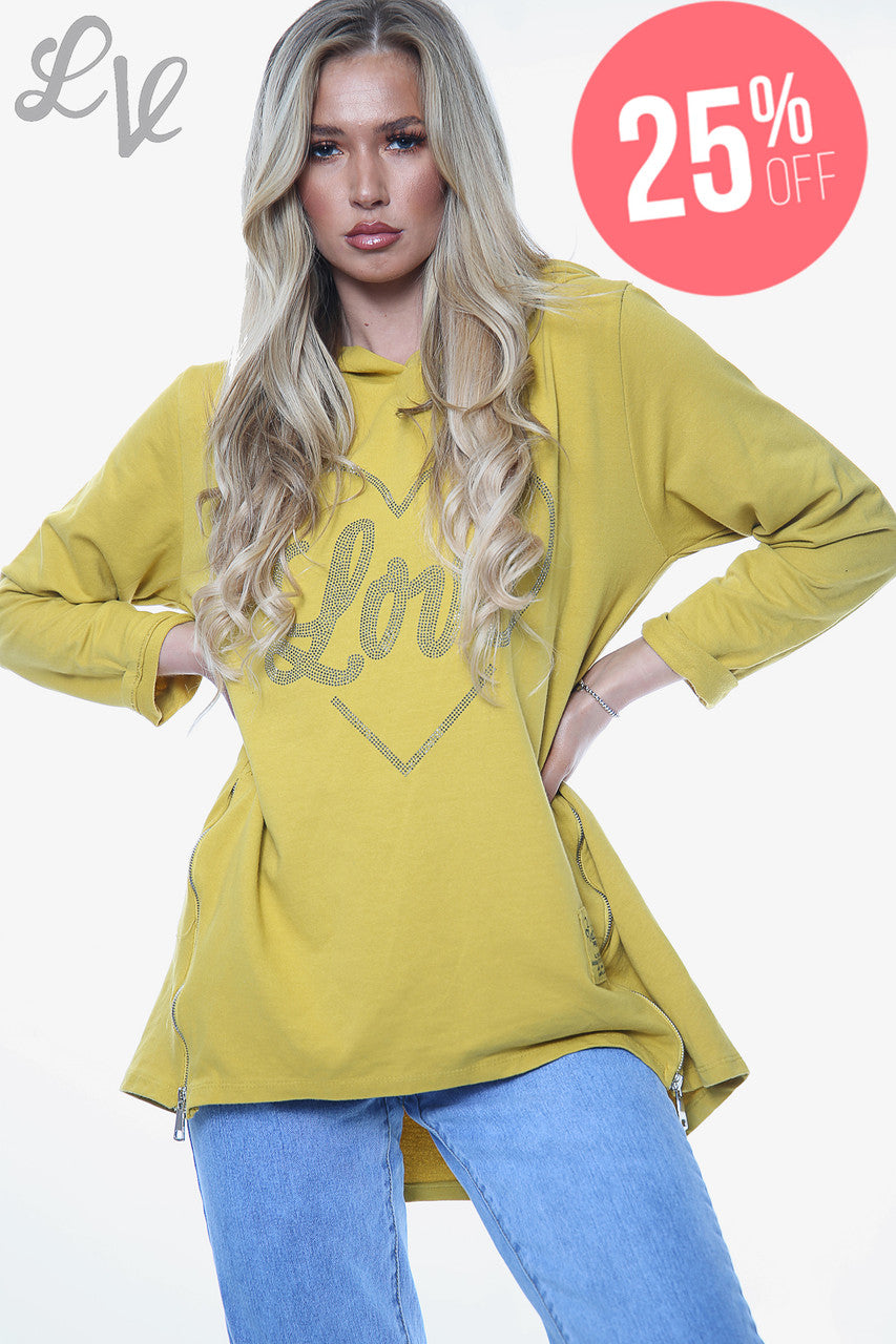 Dames Diamant Liefdeshart Hoodie Mosterdstukprijs WAS £15.99 NU £12
