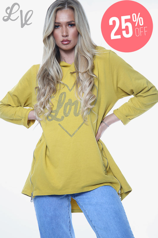 Ladies Dimante Love Heart Hooded Top Mustard Unit Price WAS £15.99 NOW £12