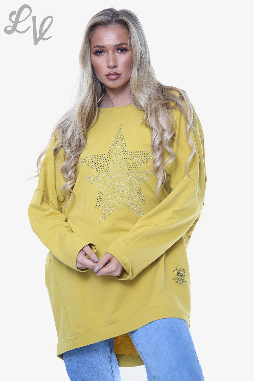 Dames Dimante Sterren Sweatshirt Top Mosterd Stukprijs €13,99