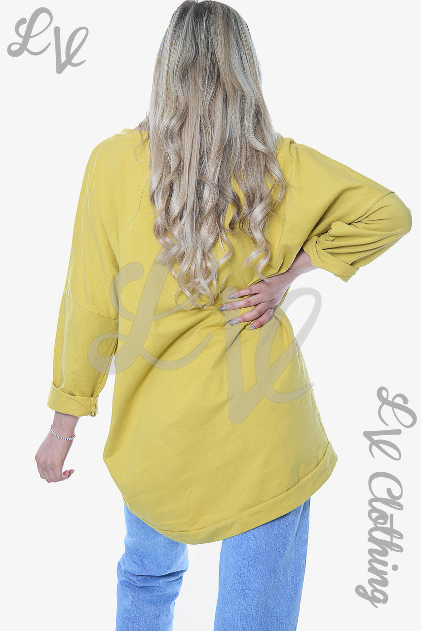Ladies Dimante Love Heart Sweatshirt Top Mustard Unit Price £14.99