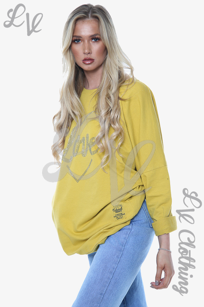 Ladies Dimante Love Heart Sweatshirt Top Mustard Unit Price £14.99