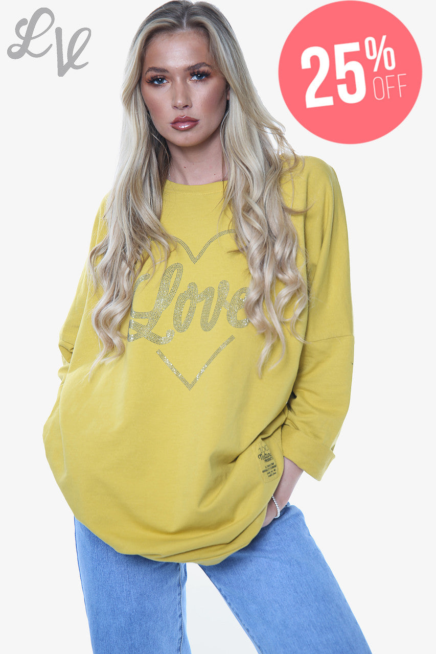 Ladies Dimante Love Heart Sweatshirt Top Mustard Unit Price £14.99