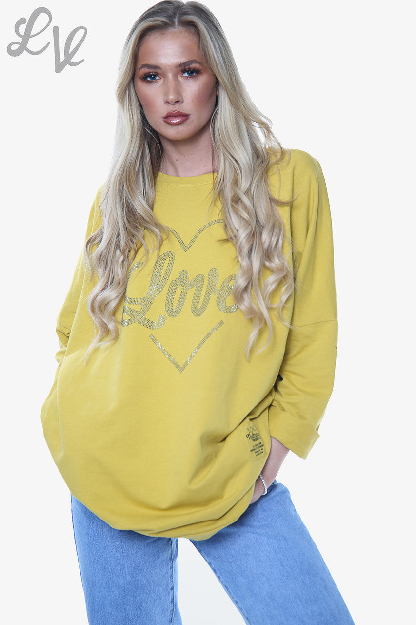 Ladies Dimante Love Heart Sweatshirt Top Mustard Unit Price £14.99