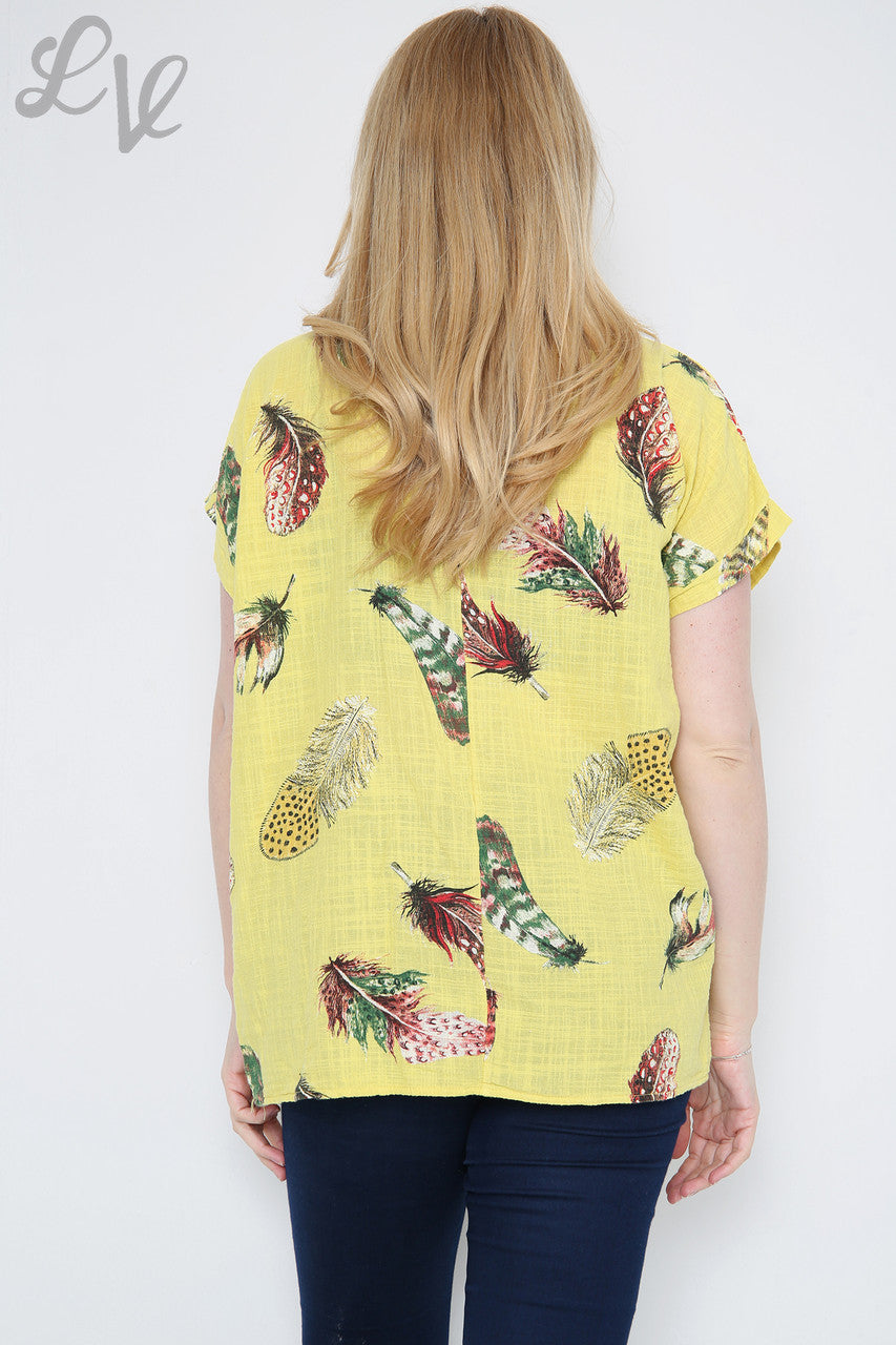 Dames Kleurrijke Top met Verenprint Mosterd Stukprijs £9.99