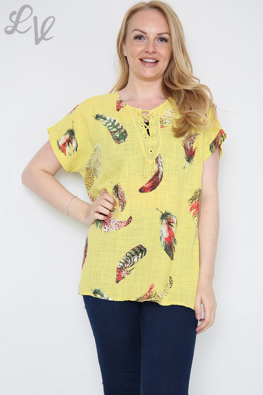 Ladies Colourful Feather Printed Top Mustard Unit Price £9.99