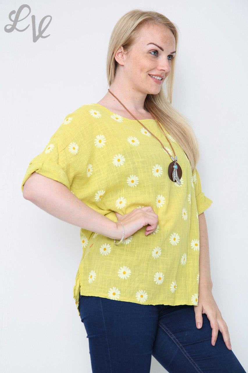 Ladies Daisies Floral Print Top Mustard