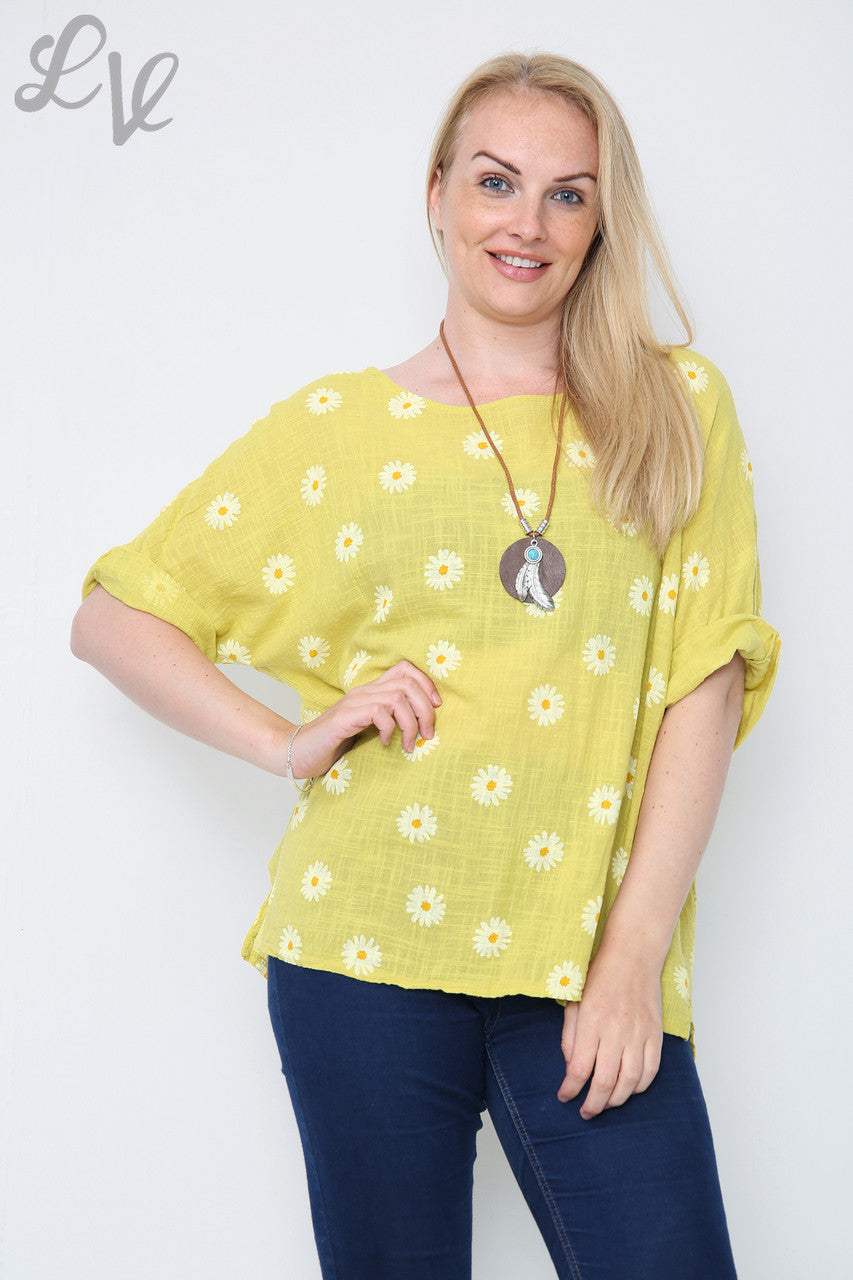 Ladies Daisies Floral Print Top Mustard