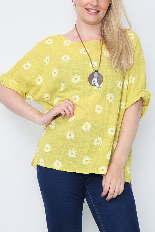 Ladies Daisies Floral Print Top Mustard