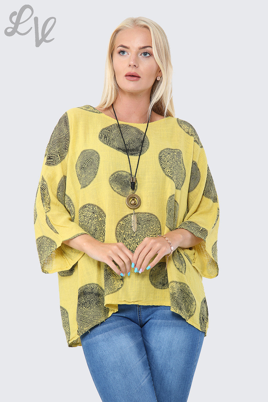 Dames Top met Boomwortelprint en Ketting Geel - Stukprijs € 9,99