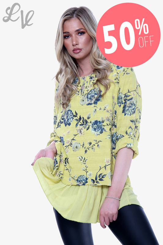 Ladies Floral Print Top With Frill Bottom Mustard Unit Price WAS £12.99 NOW £6.49