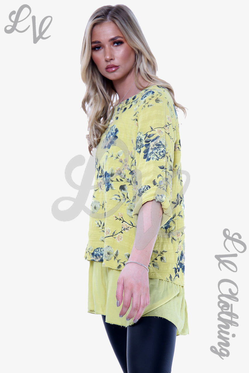 Dames Bloemenprint Top met Ruches Onderkant Mosterd Prijs per stuk WAS € 12,99 NU € 6,49