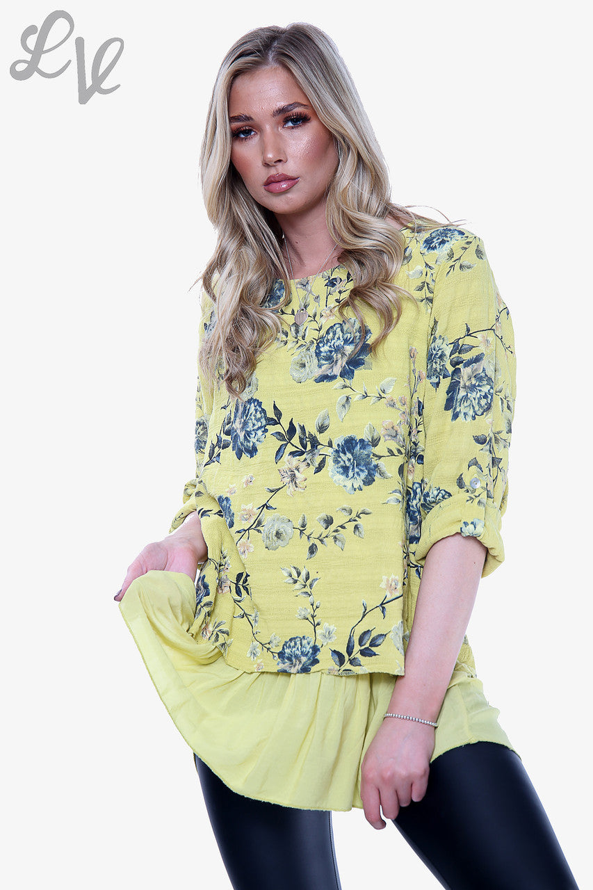 Dames Bloemenprint Top met Ruches Onderkant Mosterd Prijs per stuk WAS € 12,99 NU € 6,49