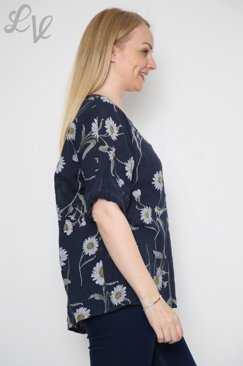 Ladies Daisy Stem Print Top Navy - Unit Price £9.99