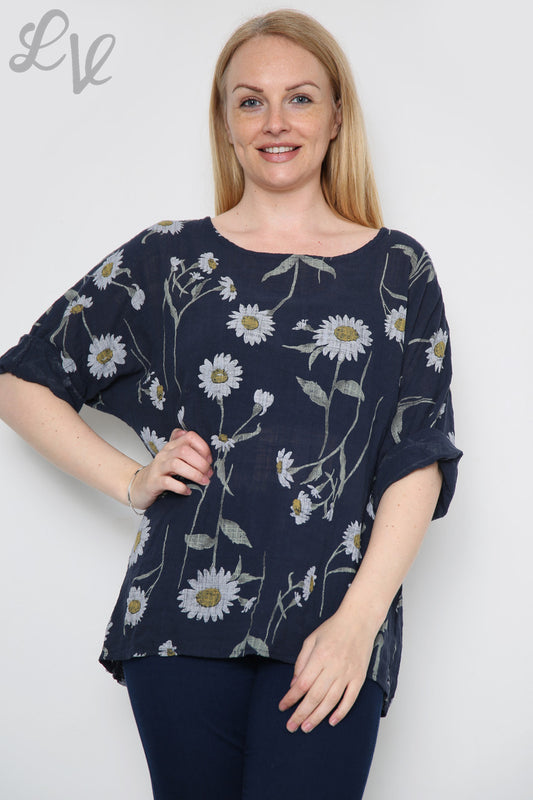 Ladies Daisy Stem Print Top Navy - Unit Price £9.99