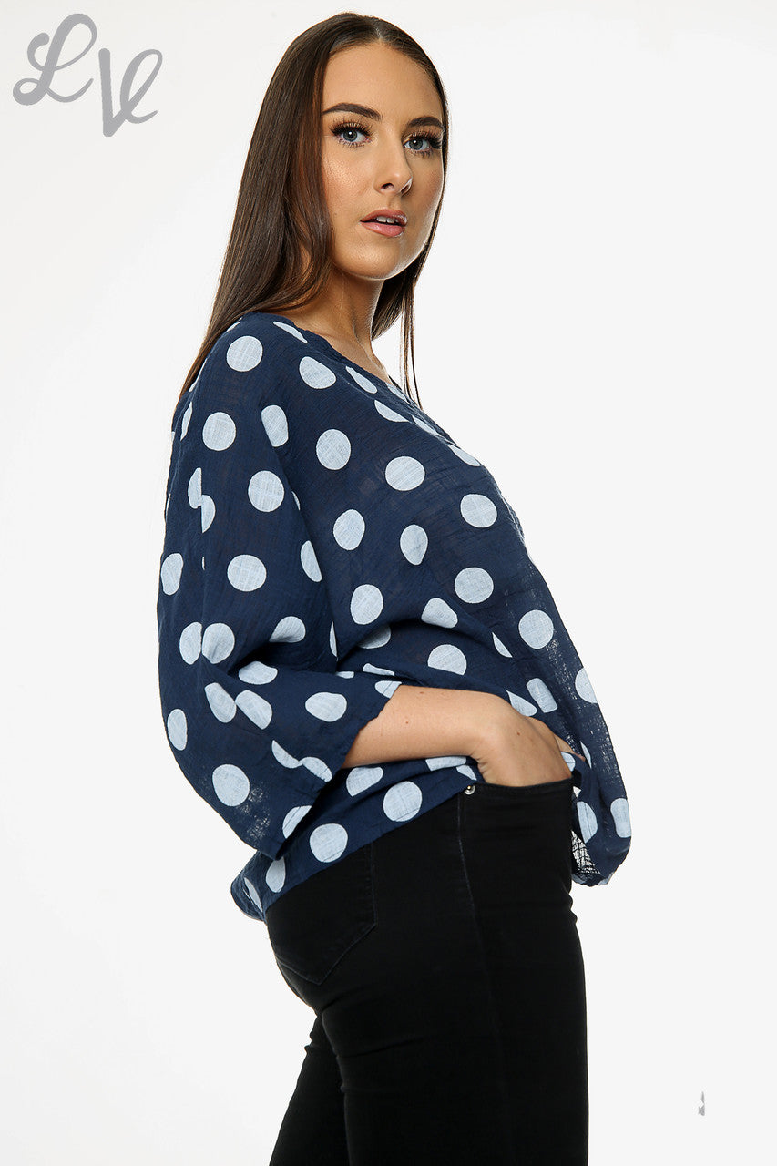 Dames Polkadot Effen Top Navy Stukprijs €7,99