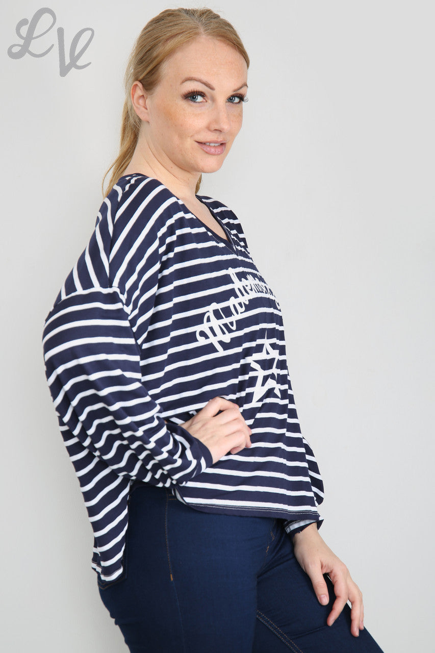 Dames Mademoiselle Star Striped Top Marineblauwe stukprijs WAS €9,99 NU €5