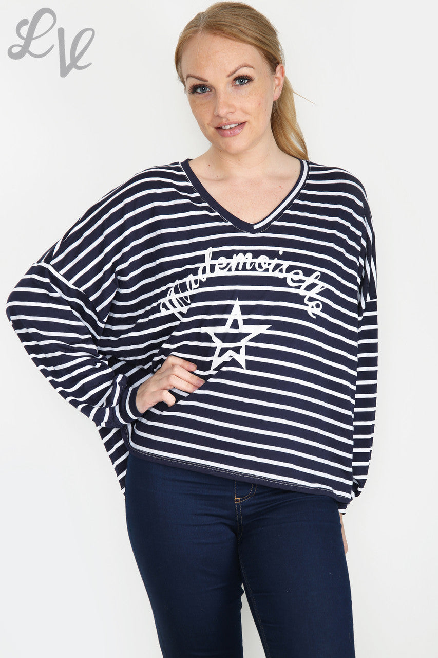 Dames Mademoiselle Star Striped Top Marineblauwe stukprijs WAS €9,99 NU €5