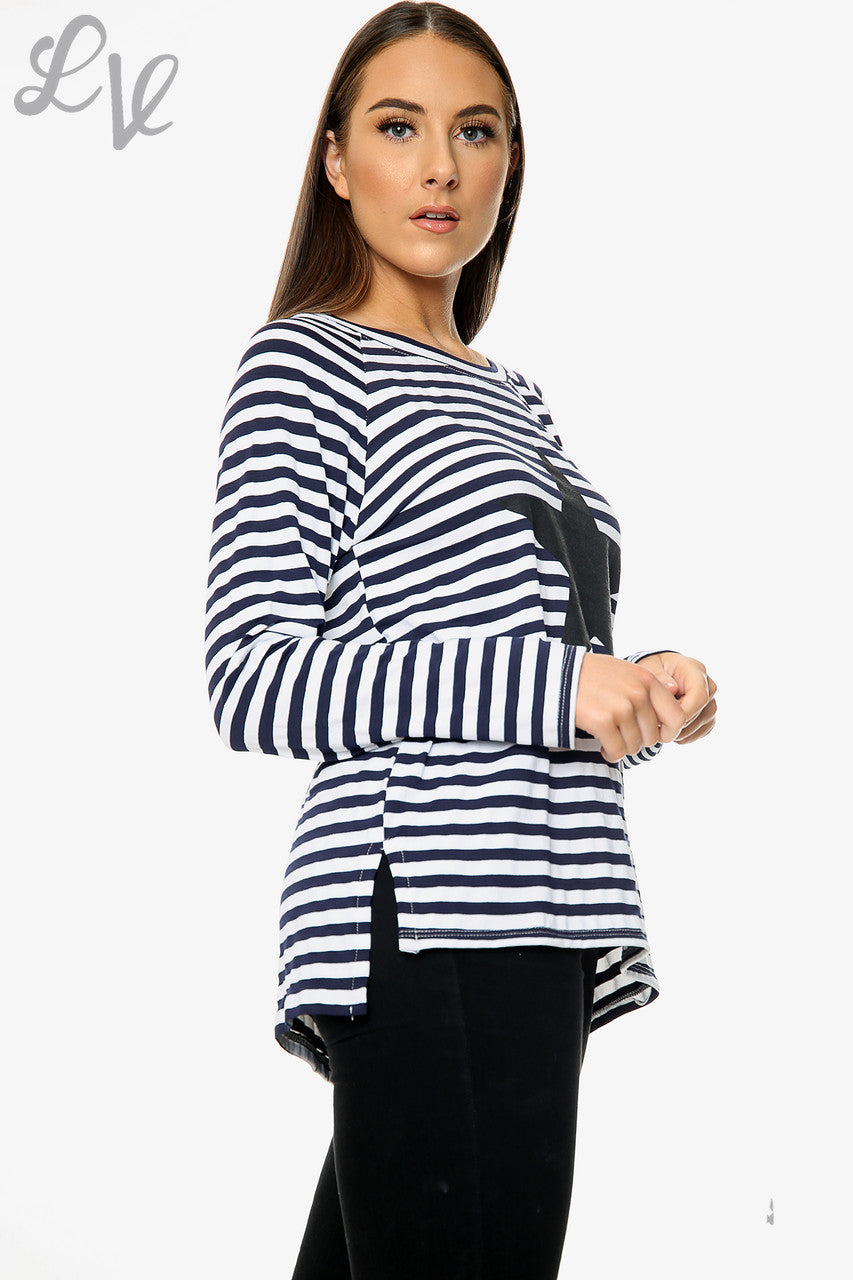 Dames Sterren Gestreept Top Donkerblauw Stuksprijs WAS £9.99 NU £5
