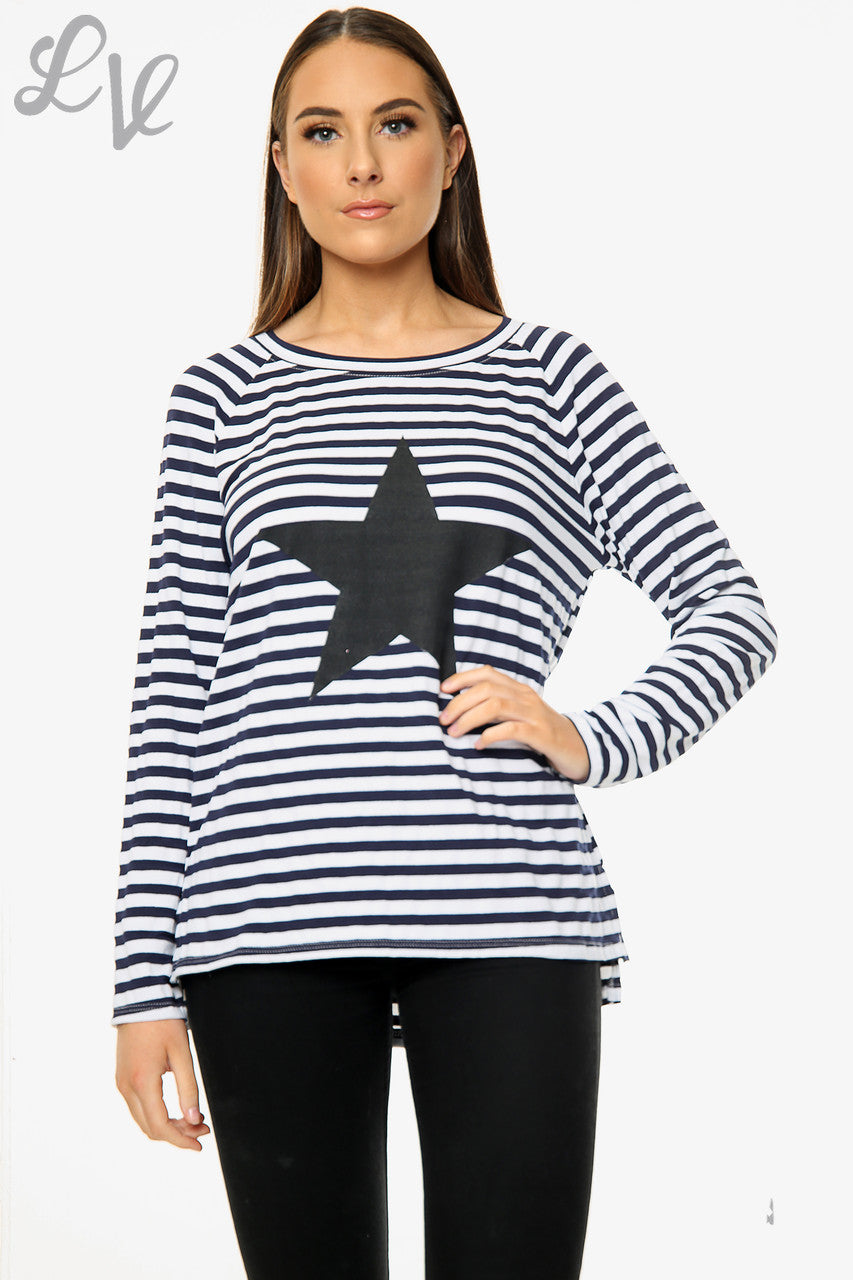 Dames Sterren Gestreept Top Donkerblauw Stuksprijs WAS £9.99 NU £5