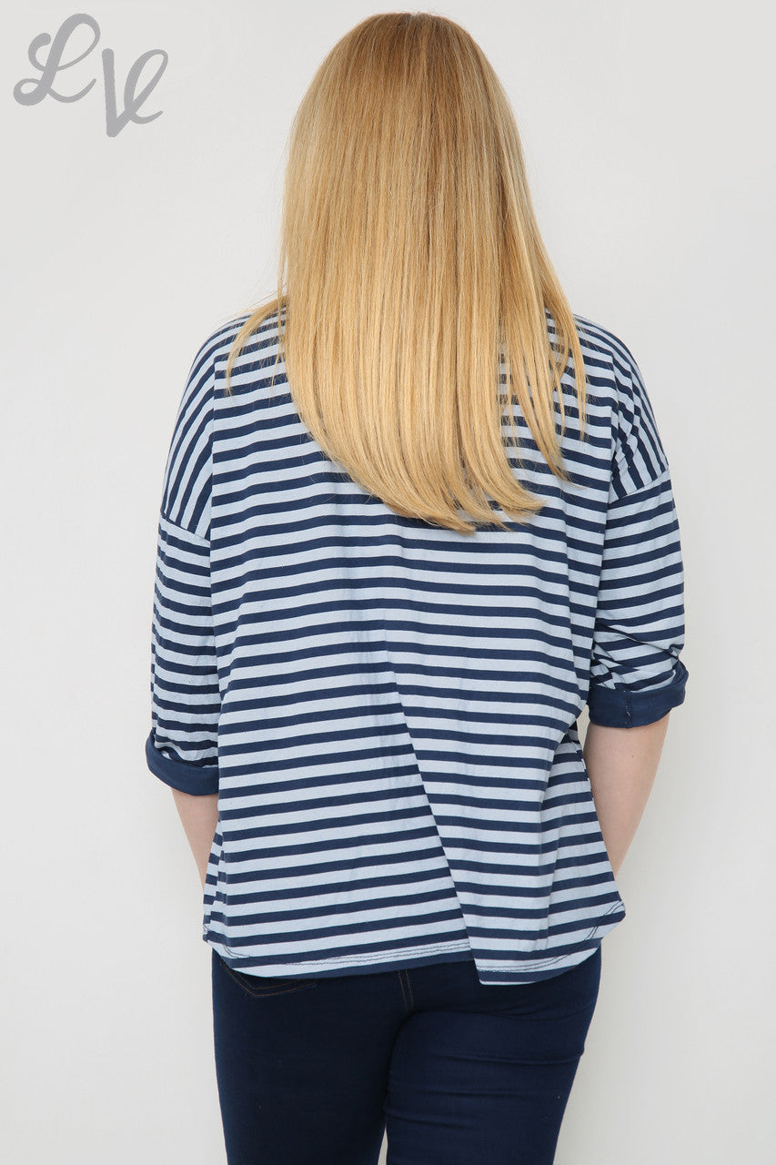 Ladies Striped Roll Sleeve Top Navy Unit Price WAS £8.99 NOW £5