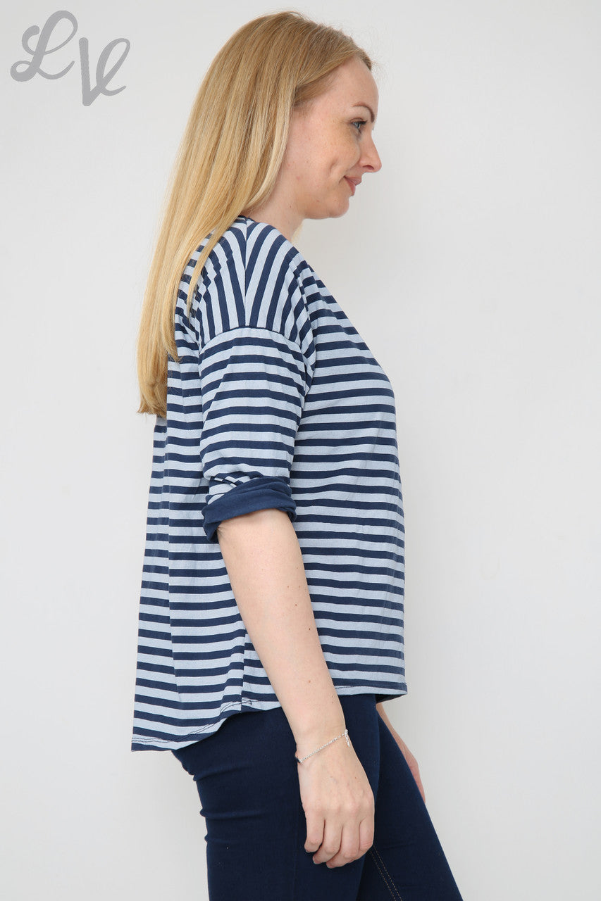 Ladies Striped Roll Sleeve Top Navy Unit Price WAS £8.99 NOW £5