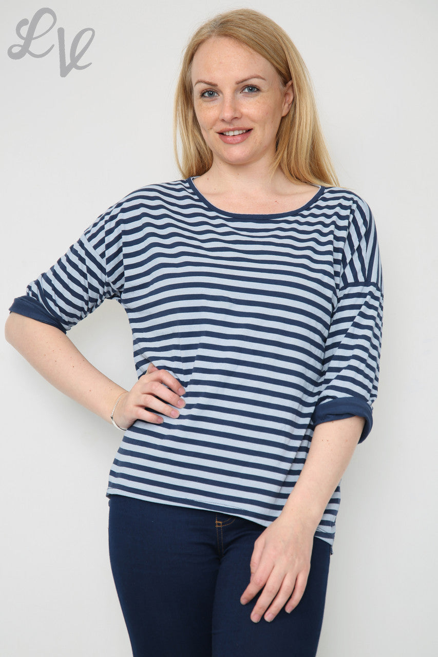 Ladies Striped Roll Sleeve Top Navy Unit Price WAS £8.99 NOW £5