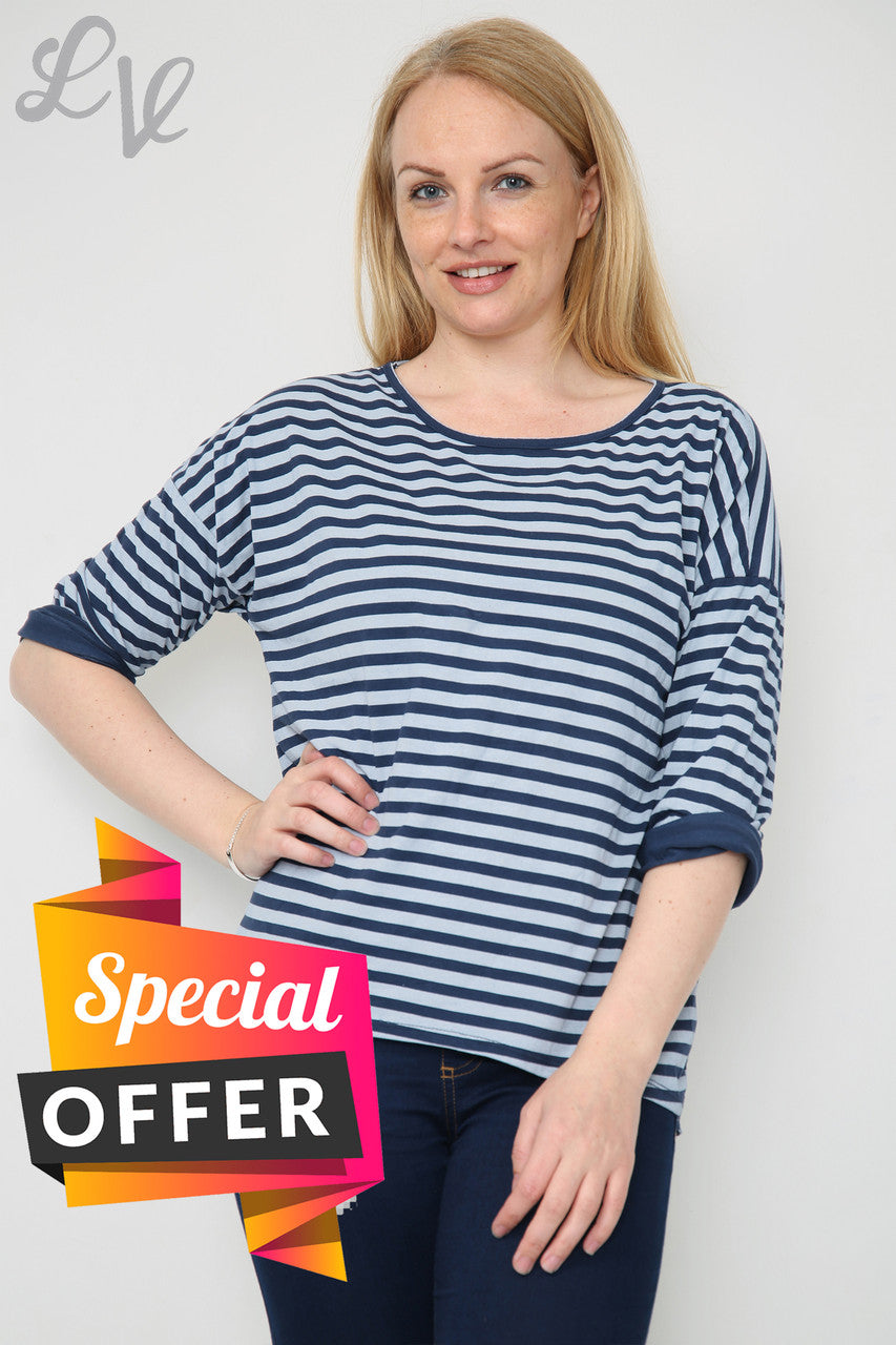 Ladies Striped Roll Sleeve Top Navy Unit Price WAS £8.99 NOW £5
