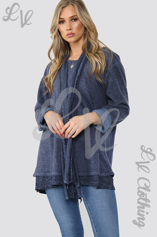 Navy floral print under-layer jumper with attached scarf, long sleeves, side ties