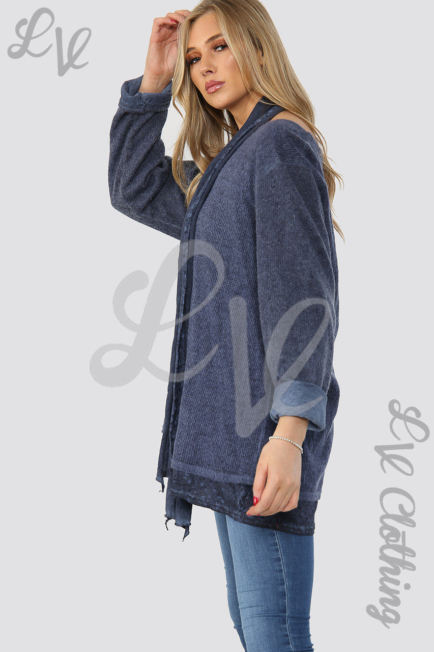Ladies Floral Print Under-layer Jumper With Scarf Navy - Unit Price WAS £16.99 NOW £7.99
