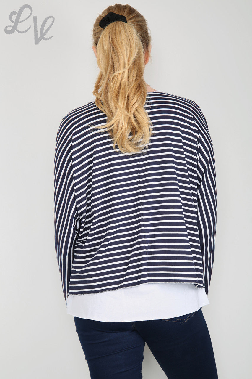 Dames gestreepte top met twee lagen marineblauw per stuk £ 8,99