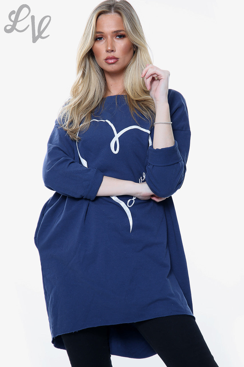 Dames Trui met Folie Hart Liefdesprint Top Marineblauw Stukprijs WAS €12,99 NU €9,74