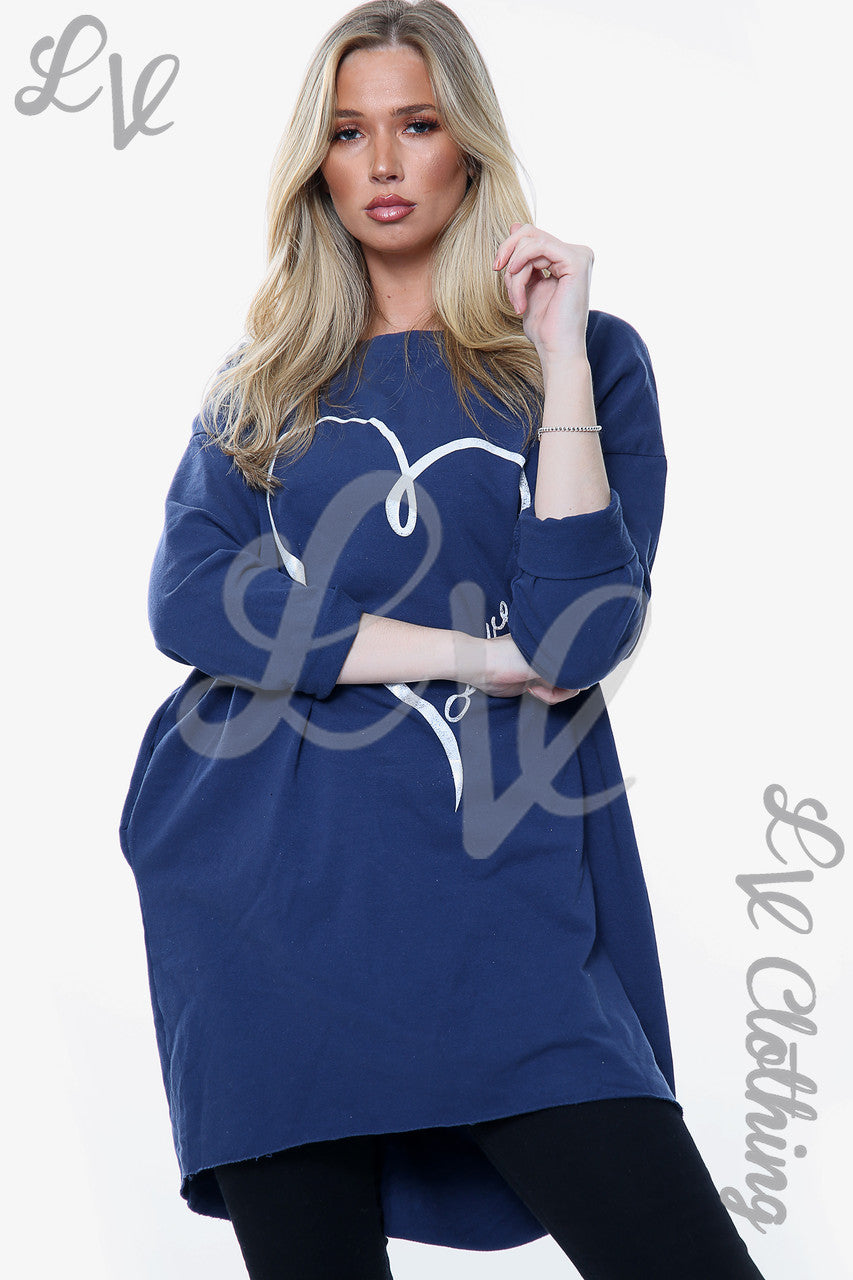 Dames Trui met Folie Hart Liefdesprint Top Marineblauw Stukprijs WAS €12,99 NU €9,74