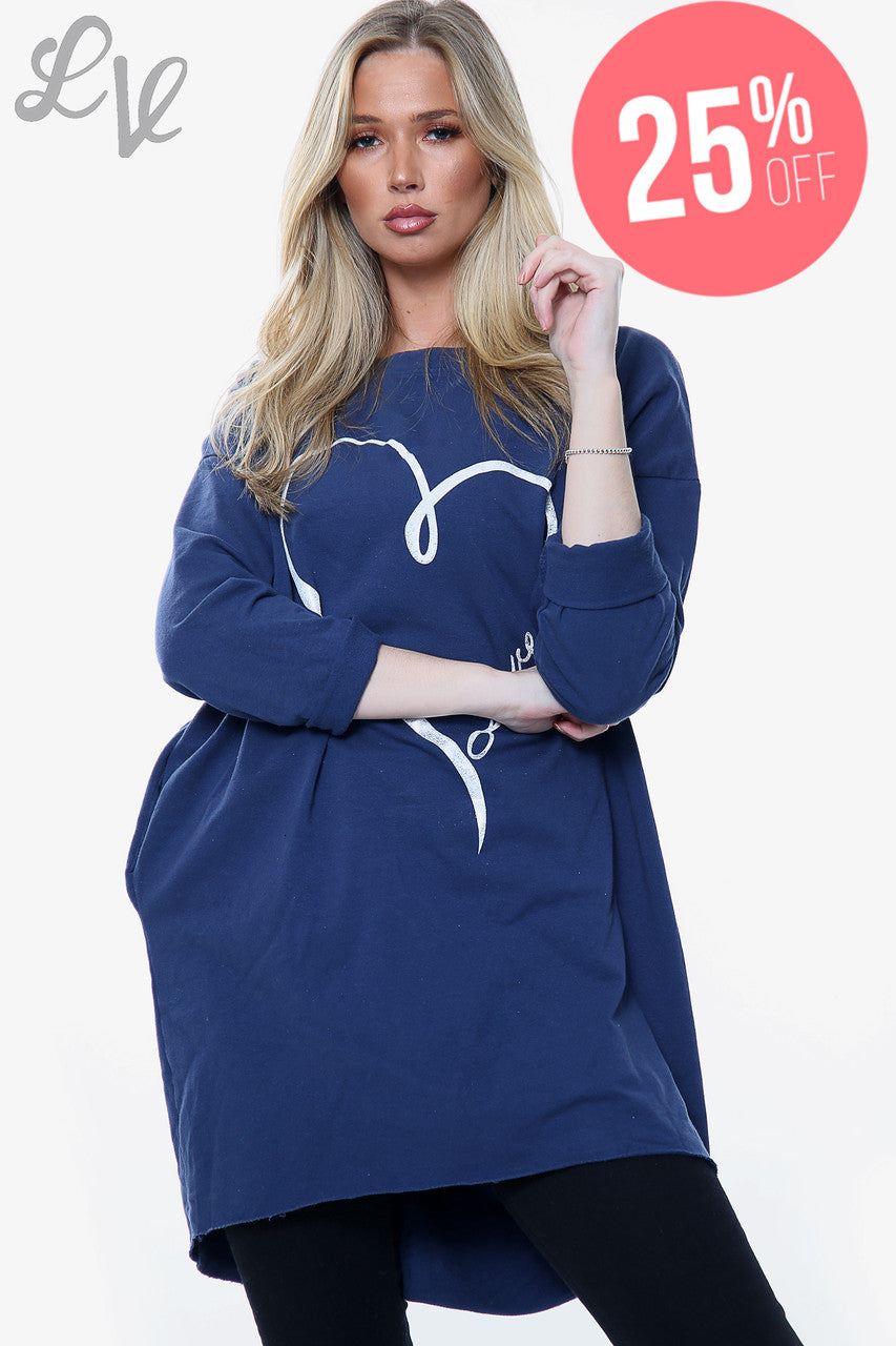 Dames Trui met Folie Hart Liefdesprint Top Marineblauw Stukprijs WAS €12,99 NU €9,74