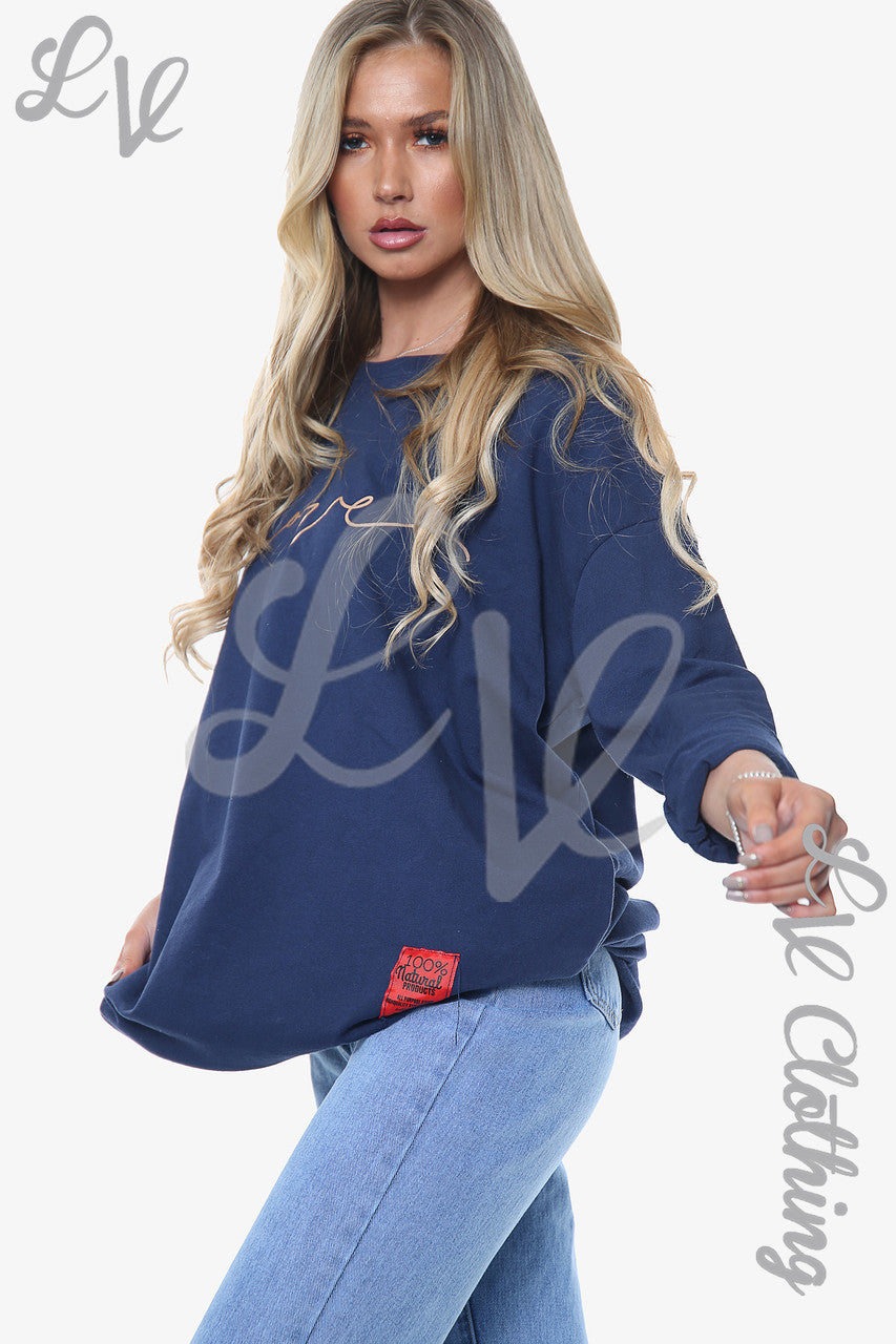 Dames Liefde Script Sweatshirt Top Navy Eenheidsprijs € 11,99