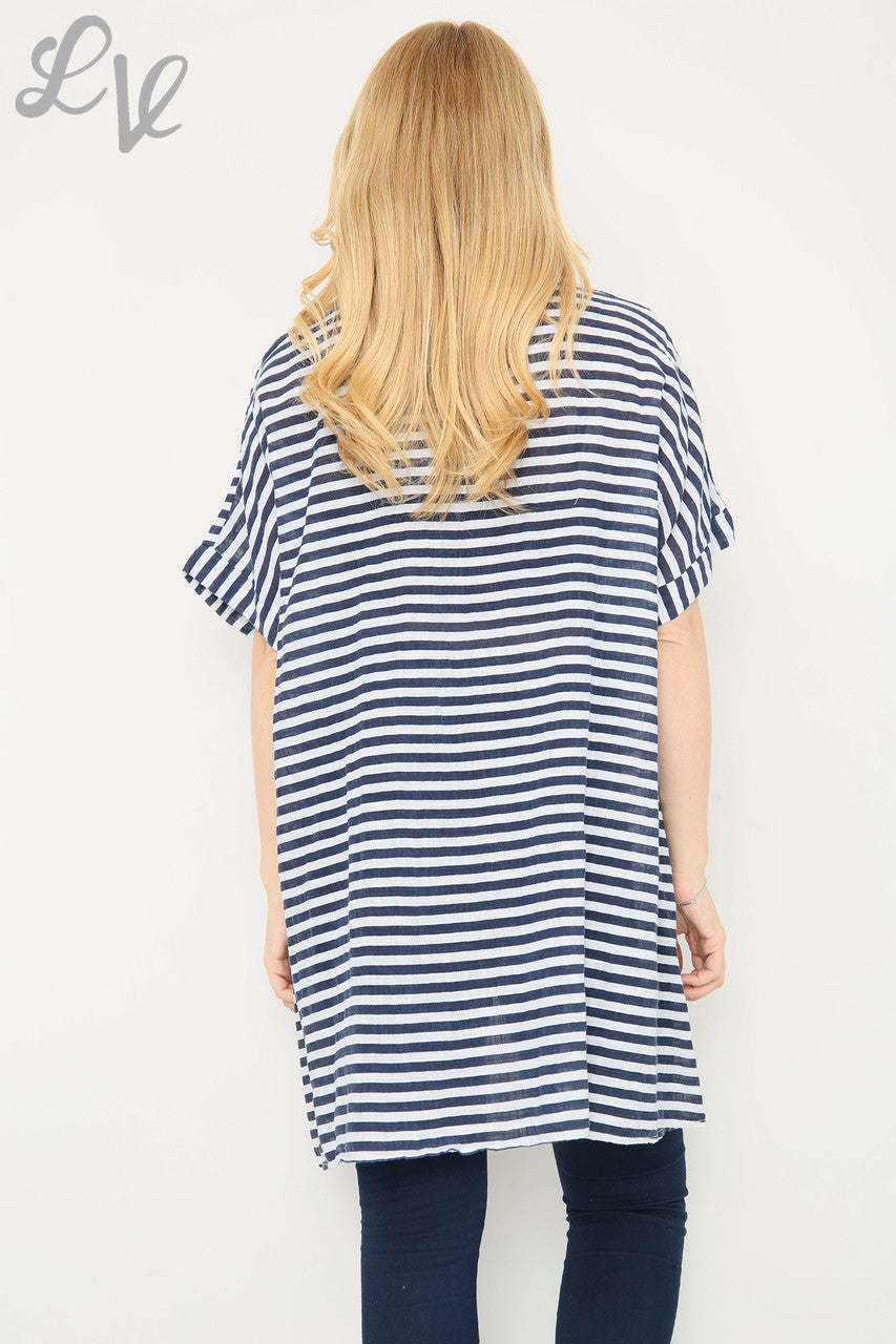 Dames Top met verticale en horizontale strepenmix navy Stukprijs €9,99