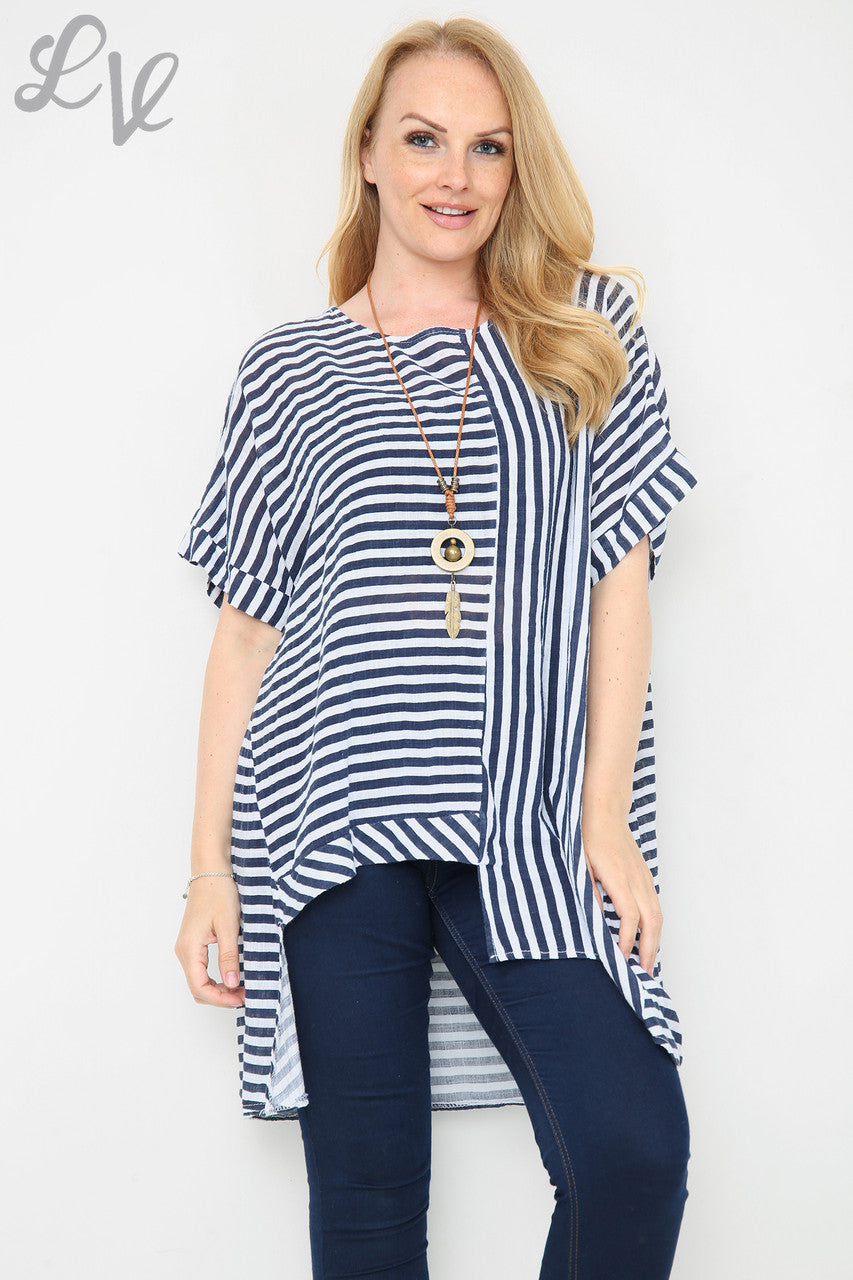 Dames Top met verticale en horizontale strepenmix navy Stukprijs €9,99