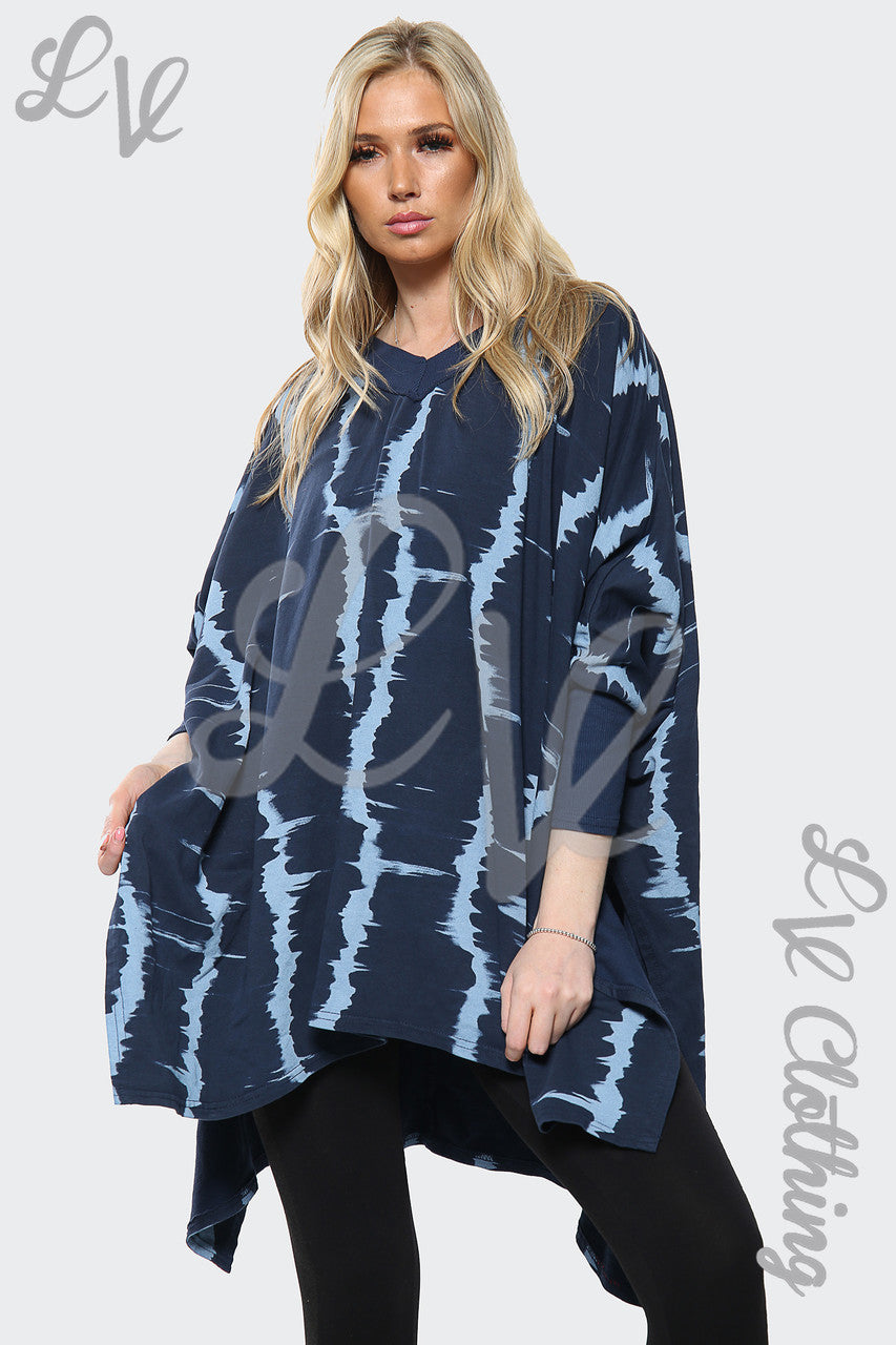 Dames Tie Dye Print Italiaanse Oversize Top Navy Stukprijs €15,99