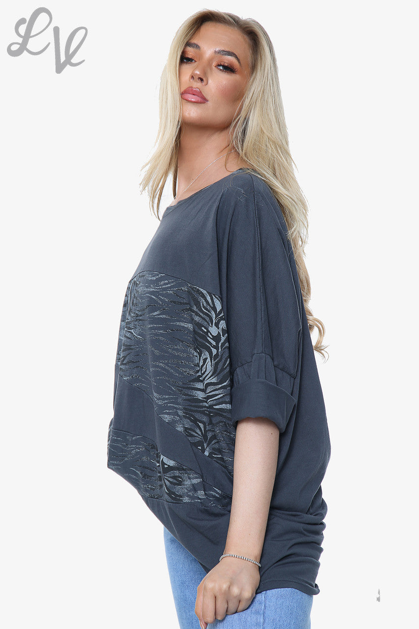 Dames Animal Print Patchwork Top Navy Stukprijs €13,99
