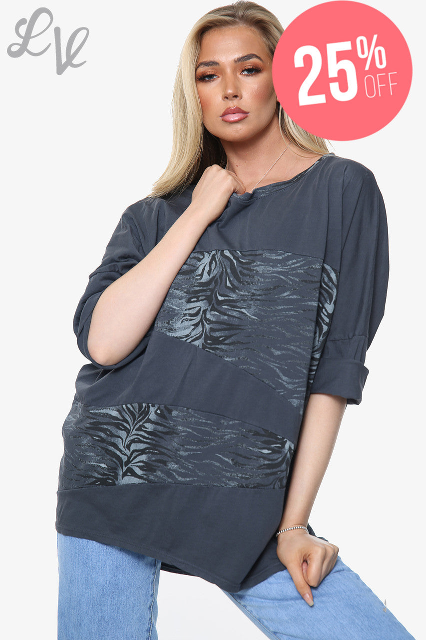 Dames Animal Print Patchwork Top Navy Stukprijs €13,99