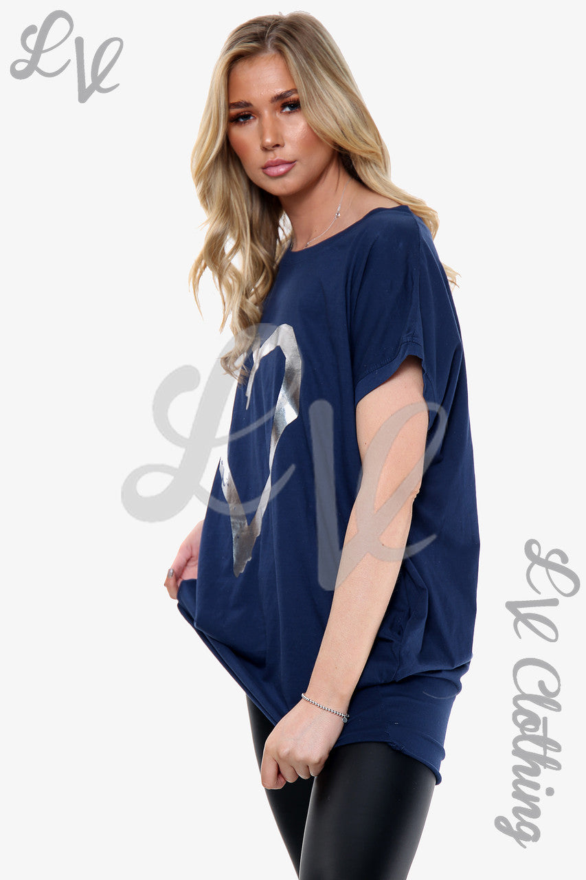 Dames Folie Hart Grafische Top Marine Stukprijs €10,99