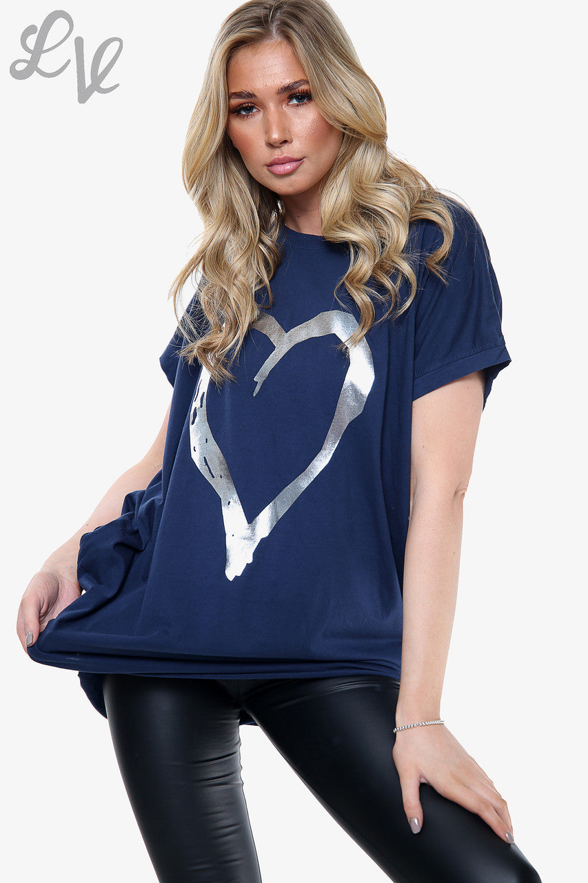 Dames Folie Hart Grafische Top Marine Stukprijs €10,99