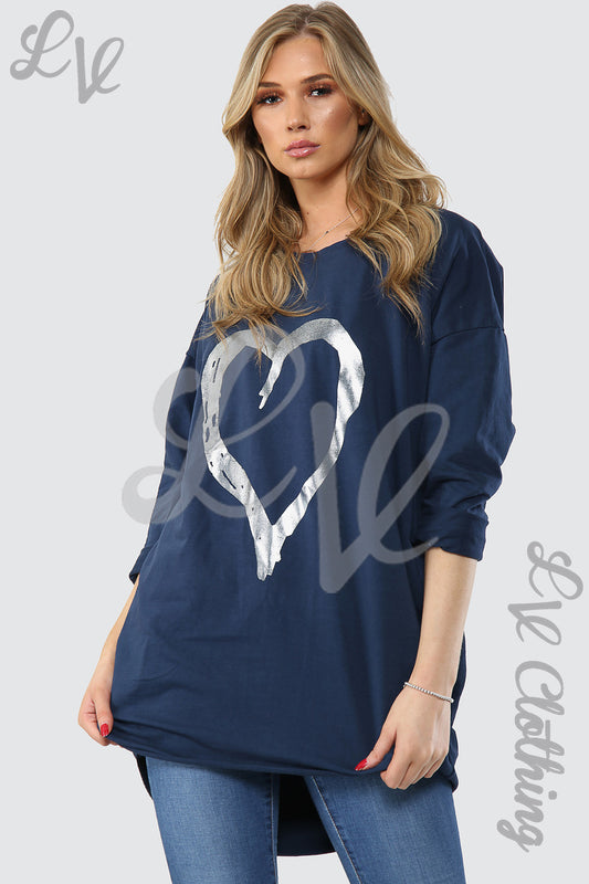 Navy foil heart graphic tunic top, three-quarter sleeves