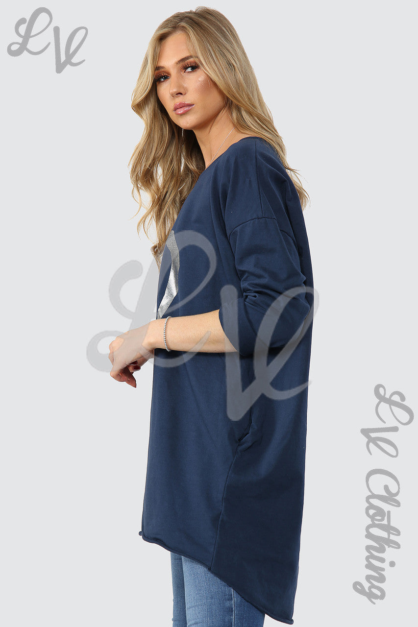 Dames Folie Hart Grafische Tuniek Top Marineblauw - Stukprijs € 15,99